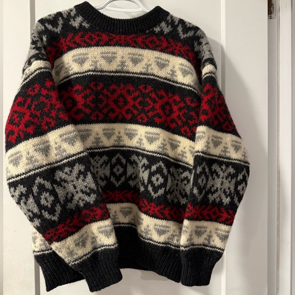 Unisex winter wool Crewneck Sweater - Red, Black, and Cream Design
